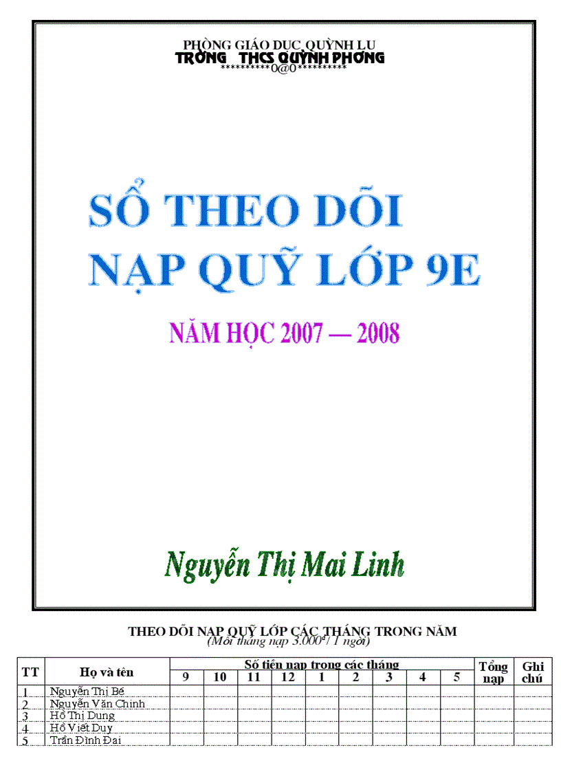 Sổ theo dõi Lao động nạp quỹ của HS THCS