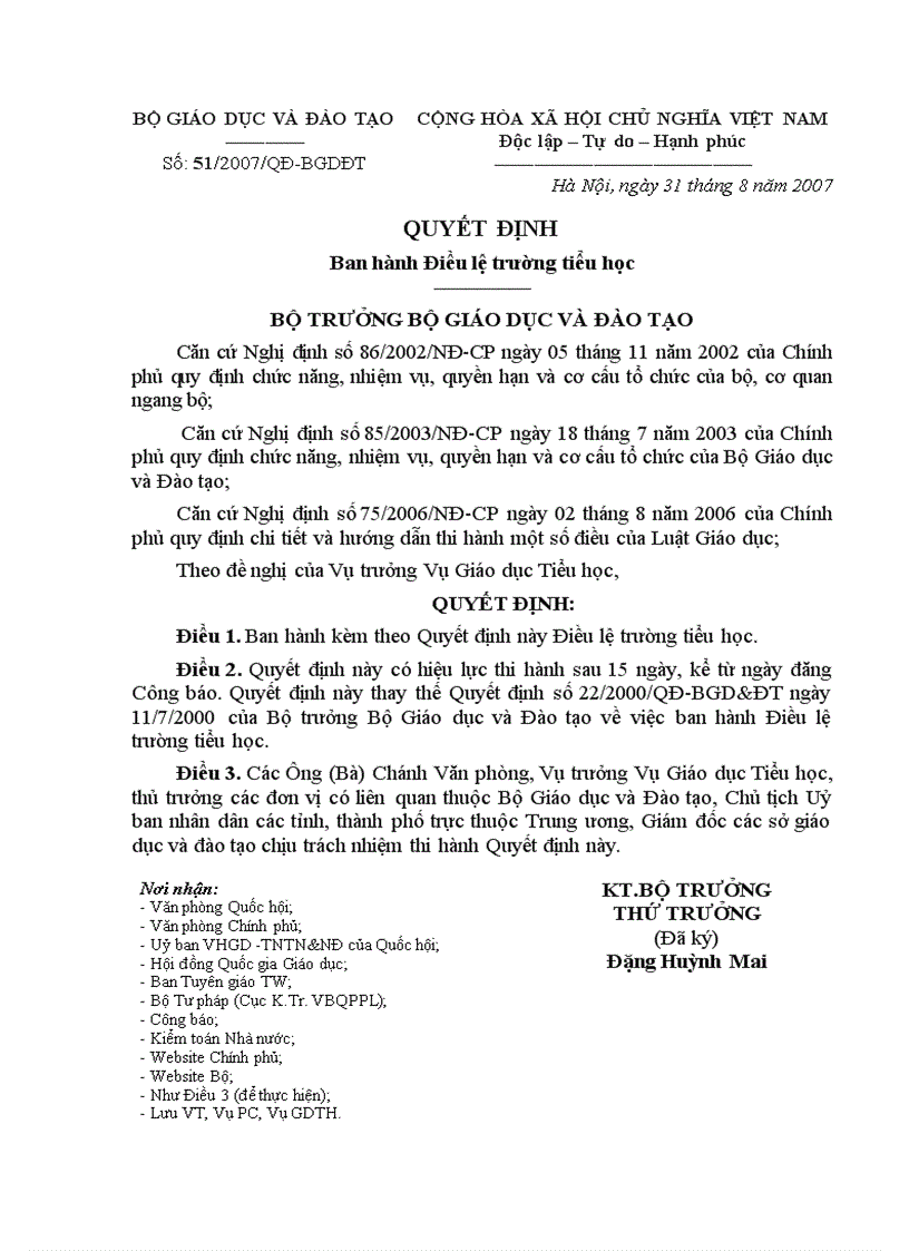Quyết địhh số 51 về Điều lệ trường TH