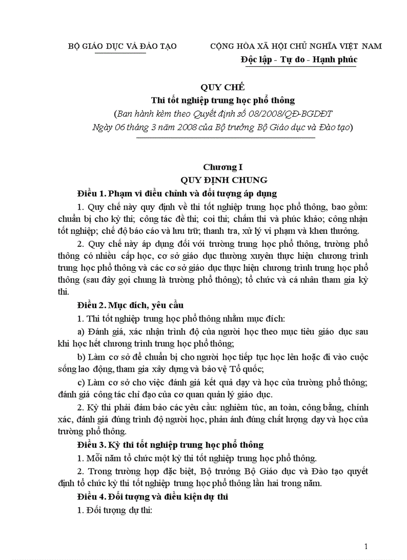 Quy chế thi tốt nghiệp THPT năm 2008