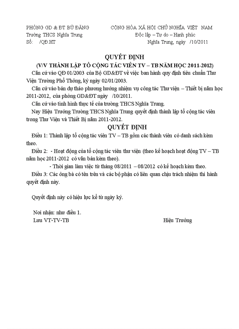 Quyết định thành lập tổ cộng tác viên TV TB 2011 2012