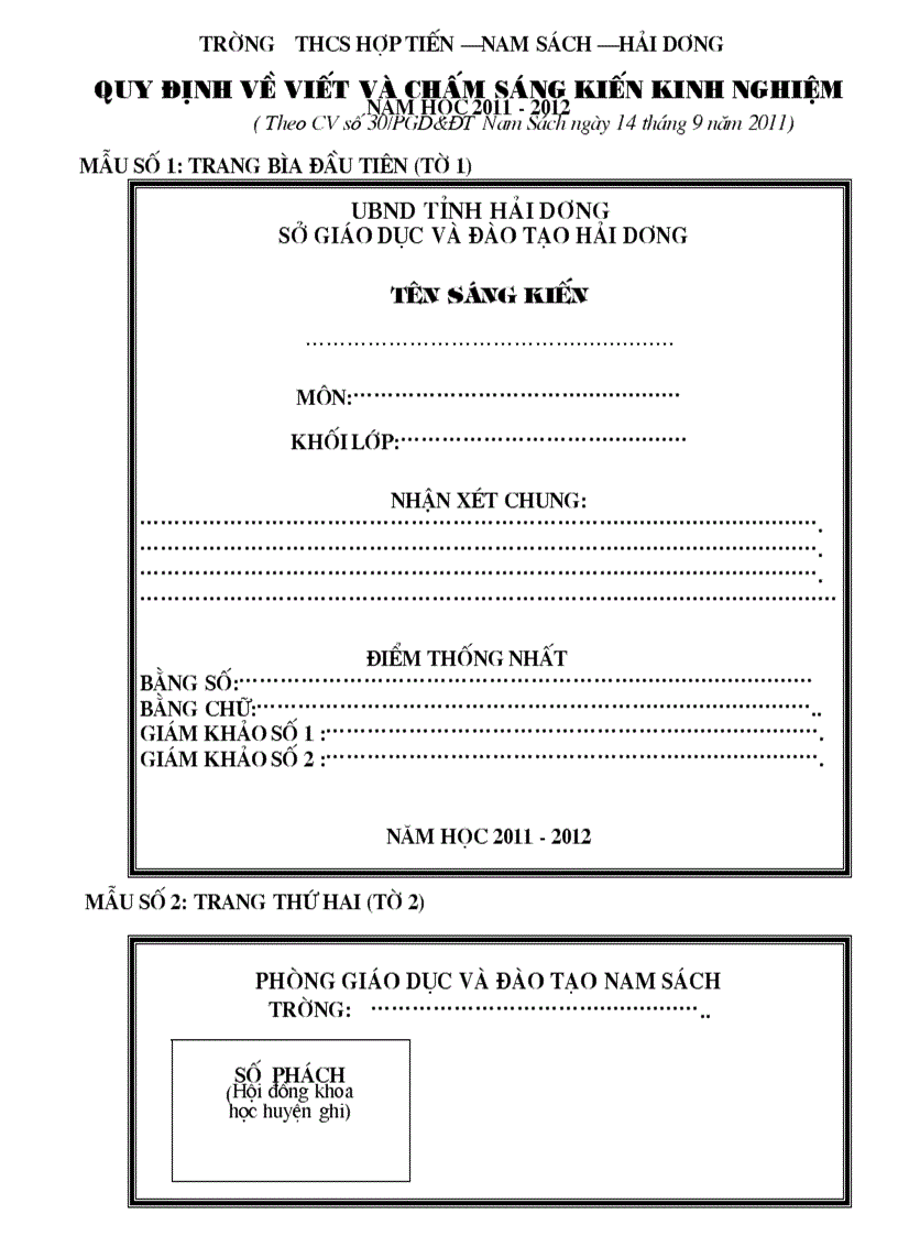 Quy định viết và áp dụng SKKN năm học 2011 2012