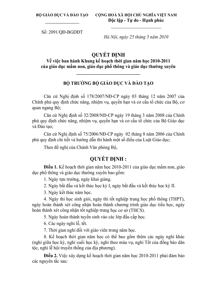 Quyết định về việc ban hành khung kế hoạch thời gian năm học 2010 2011 của GDMN GDPT và GDTX