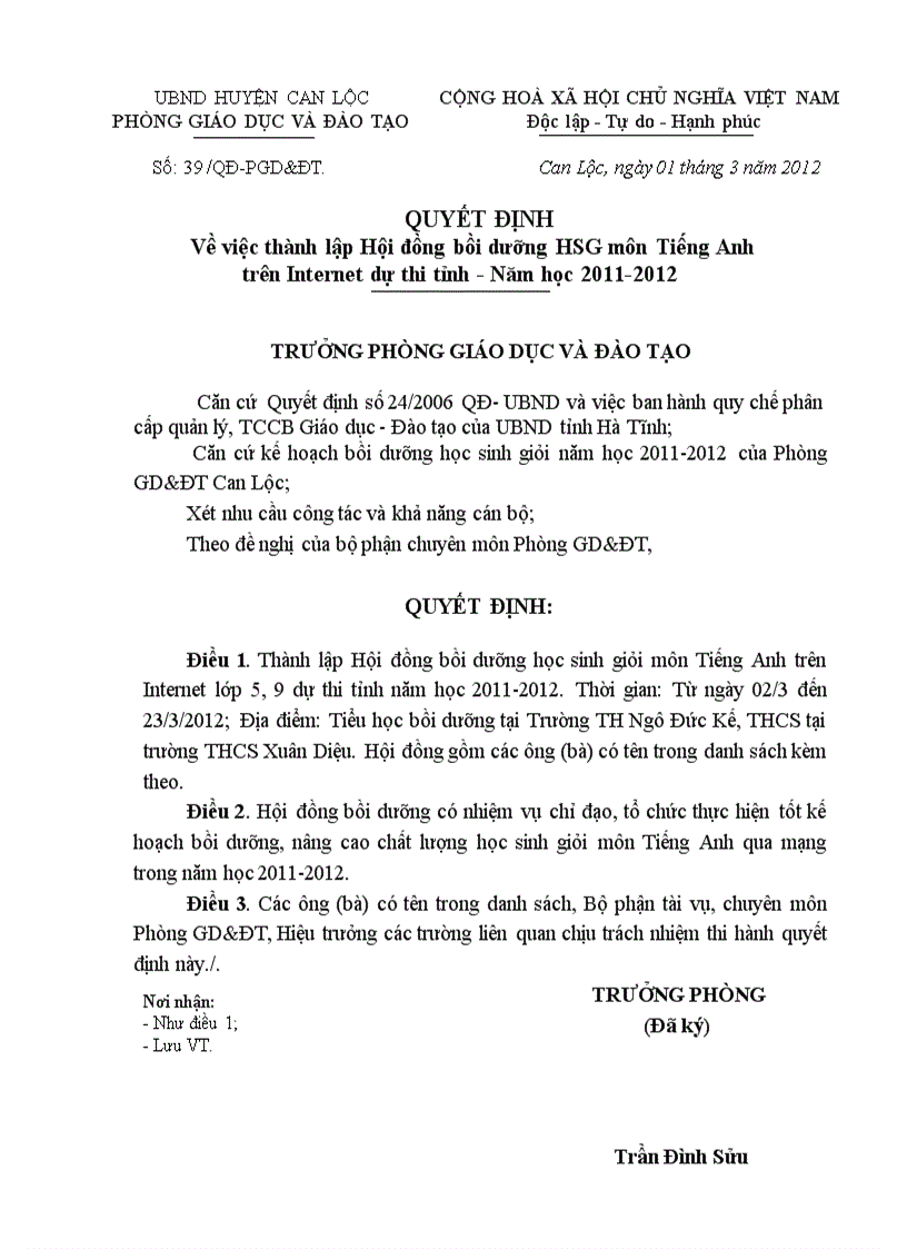 Quyết định thành lập Hội đồng bồi dưỡng HSG dự thi tỉnh môn Tiếng Anh qua mạng năm học 2011 2012