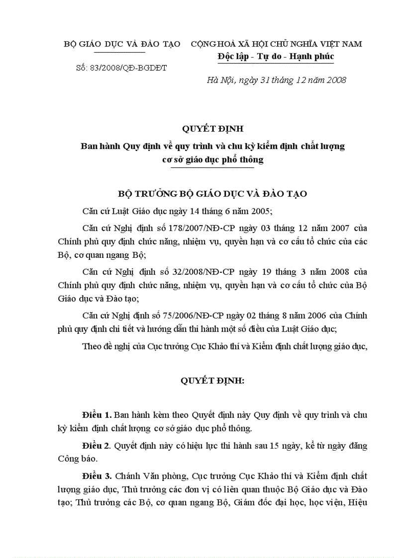Quyết định ban hành quy định về quy trình và chu kỳ kiểm định chất lượng cơ sở giáo dục phổ thông