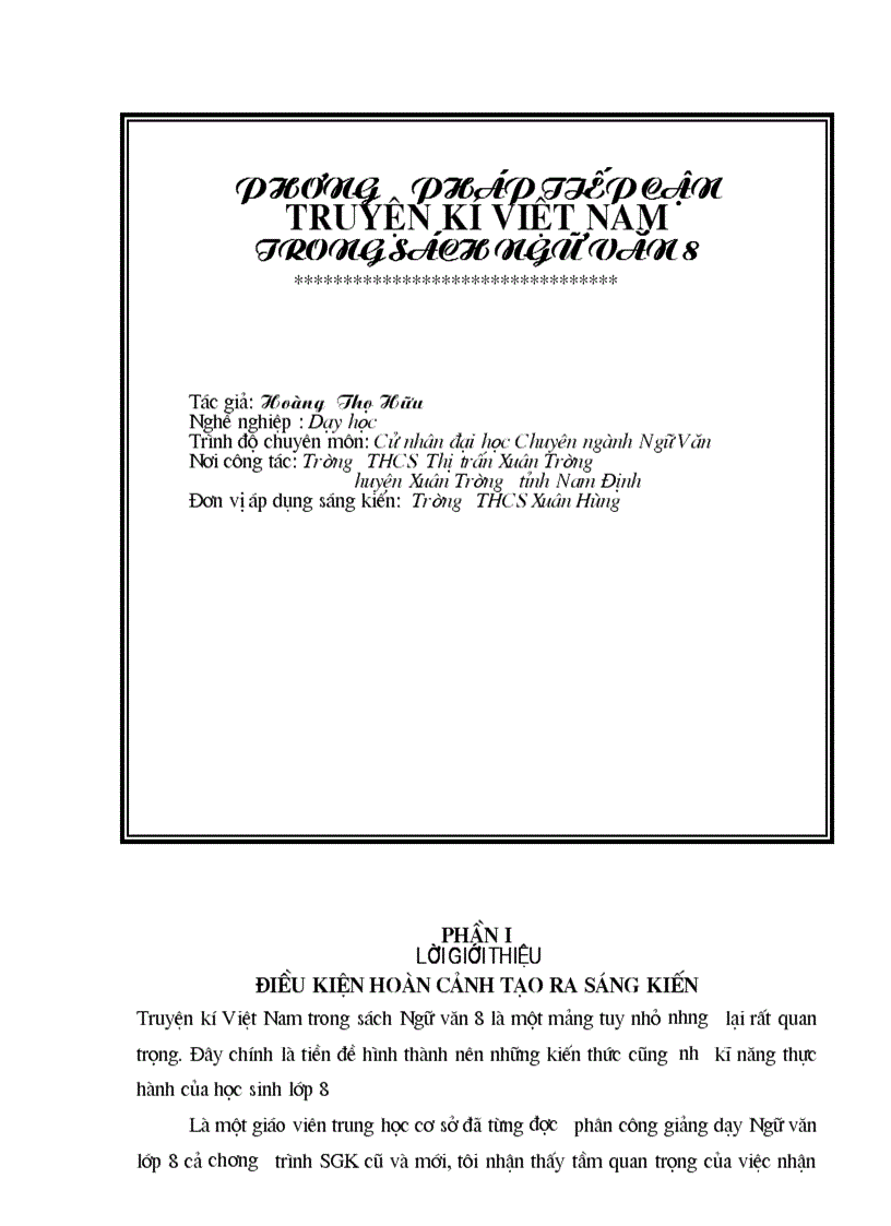 SÁng kiến kinh nghiệm Ngữ văn 8 cực hay