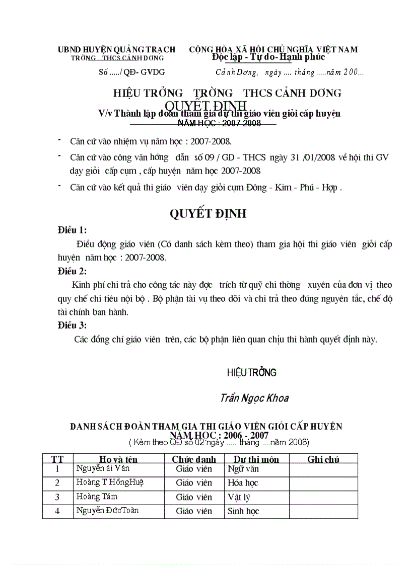Quyết định thành lập hội thi GV dạy giỏi cụm huyện