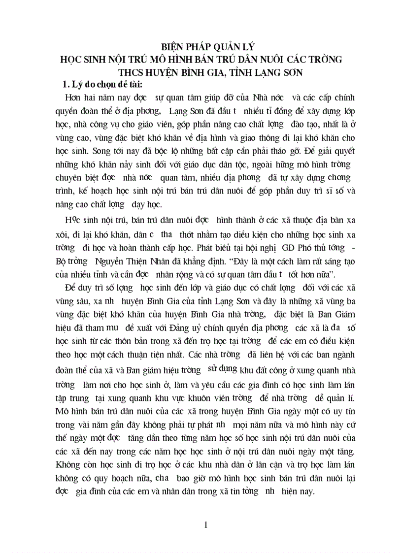 Sáng kiến kinh nghiệm mô hình quản lý học sinh nội trú dân nuôi THCS huyện Bình Gia tỉnh Lạng sơn