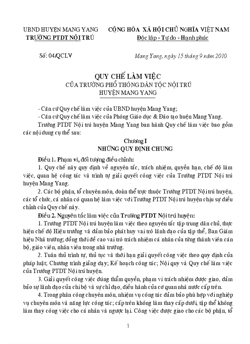 Quy chế làm việc và quan hệ công tác của trường ptdt nội trú huyện mang yang