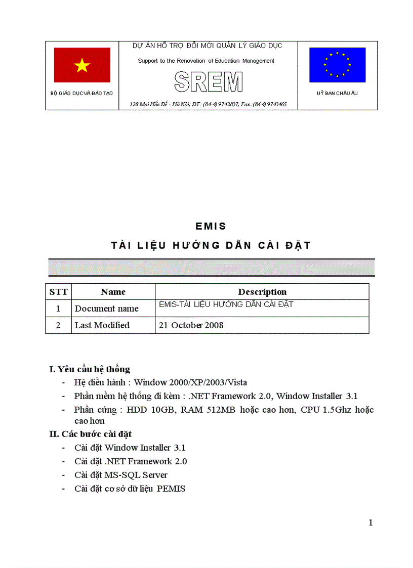 Tài liệu hướng dẫn cài đặt PEMIS