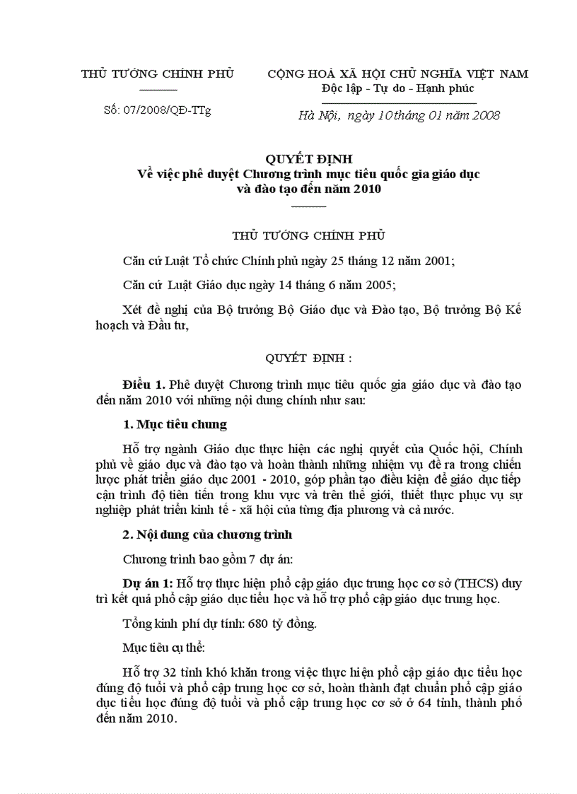 QUYẾT ĐỊNH Về việc phê duyệt Chương trình mục tiêu quốc gia giáo dục và đào tạo đến năm 2010