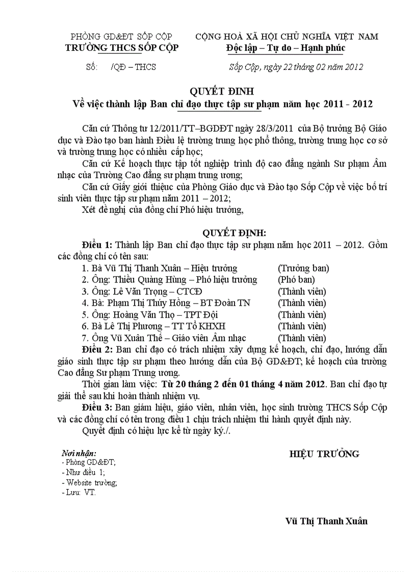 Quyết định thành lập BCĐ thực tập sư phạm 1