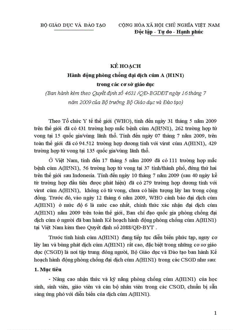 Quyết định về việc ban hành kế hoạch hành động phòng chống đại dịch cúm A H1N1 trong các cơ sở giáo dục