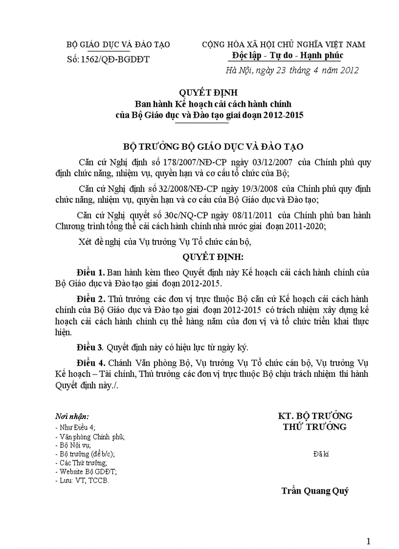 Quyết định ban hành kế hoạch cải cách hành chính của Bộ Giáo dục và Đào tạo giai đoạn 2012 2015