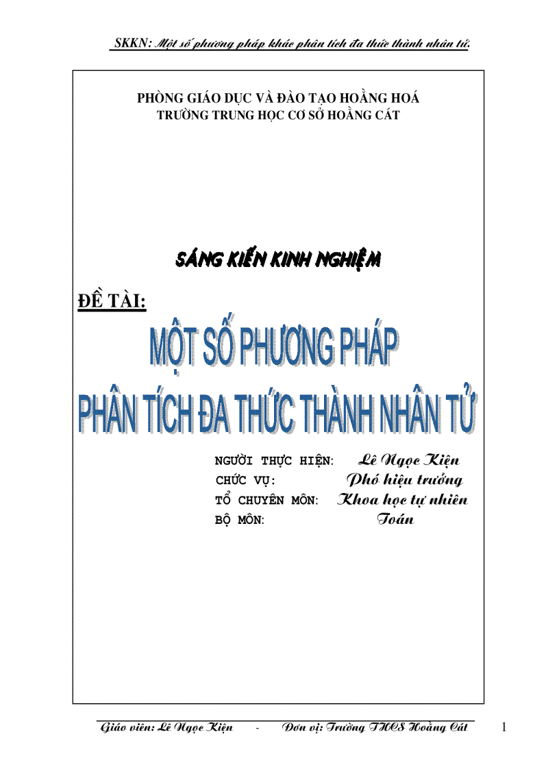 SKKN Toán THCS Một số PP PTĐT tành nhân tử