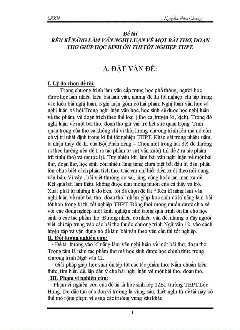 Rèn kĩ năng làm văn nghị luận về một bài thơ đoạn thơ giúp học sinh ôn thi tốt nghiệp thpt