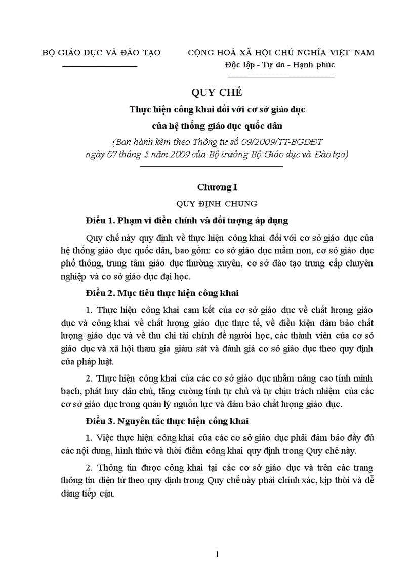 Quy chế công khai với cơ sở GD Thông tư 09 ngày 07 tháng 5 năm 2009