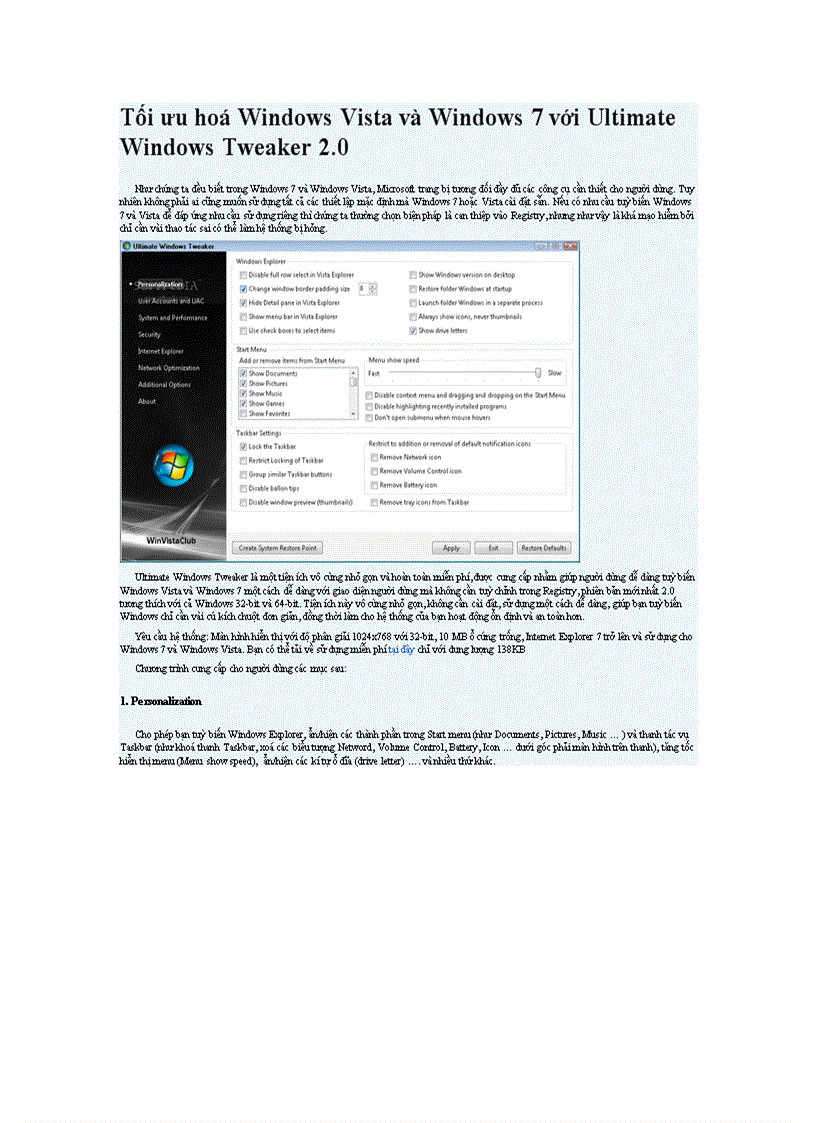 Tối ưu hóa Windows Vista và Windows 7 vớ Ultimate Tweaker