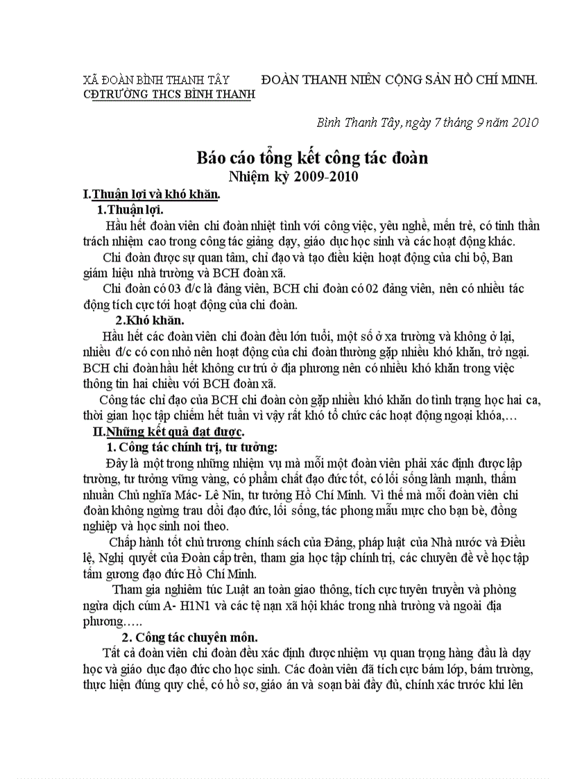 Tổng kết hoạt động chi đoàn GV nhiện kỳ 2009 2010