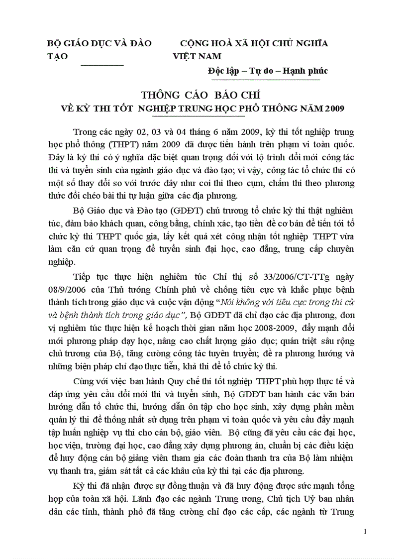 Thông cáo báo chí về kì thi TN THPT 2009