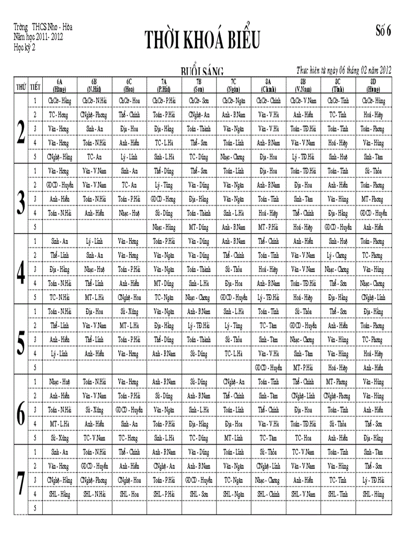 TKB toàn trường số 6