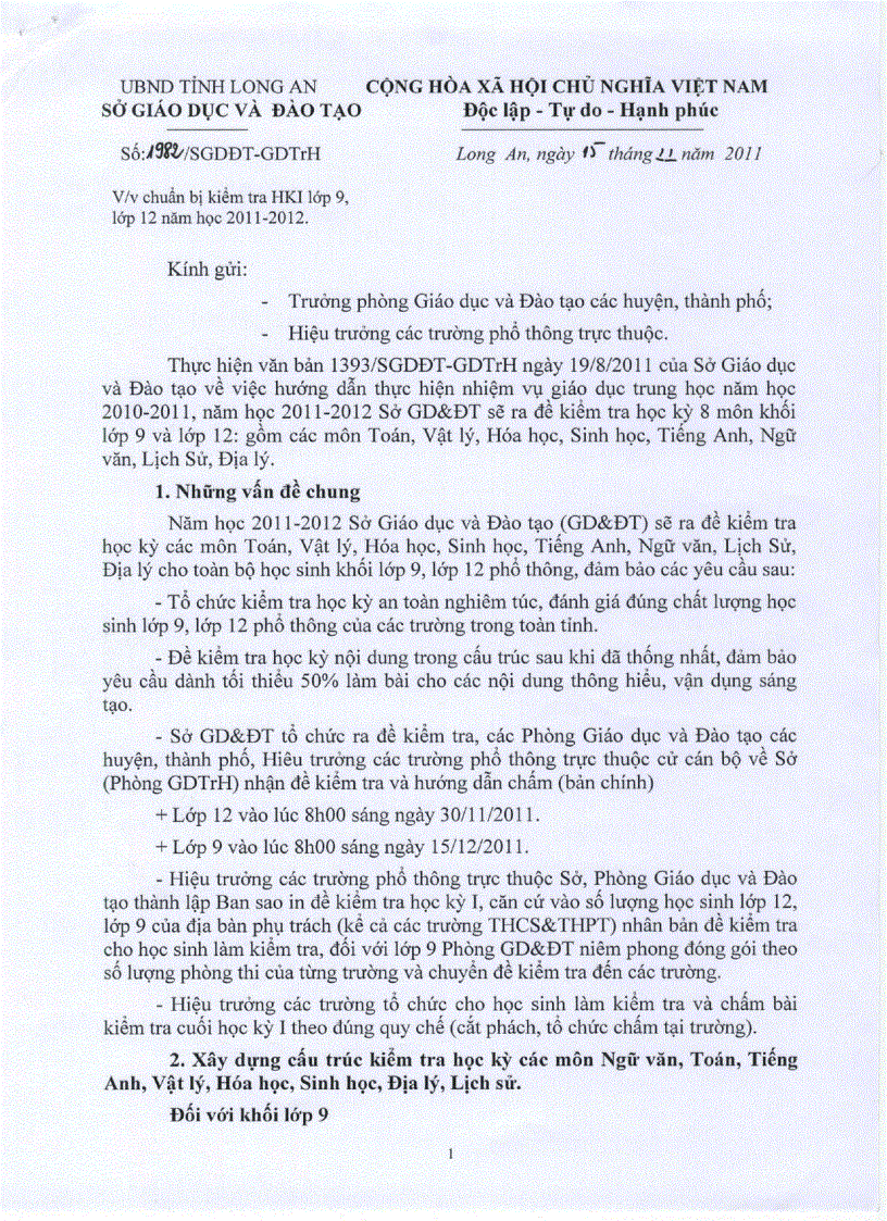 Thông báo các trường Vv Chuẩn bị kiểm tra HKI lớp 9