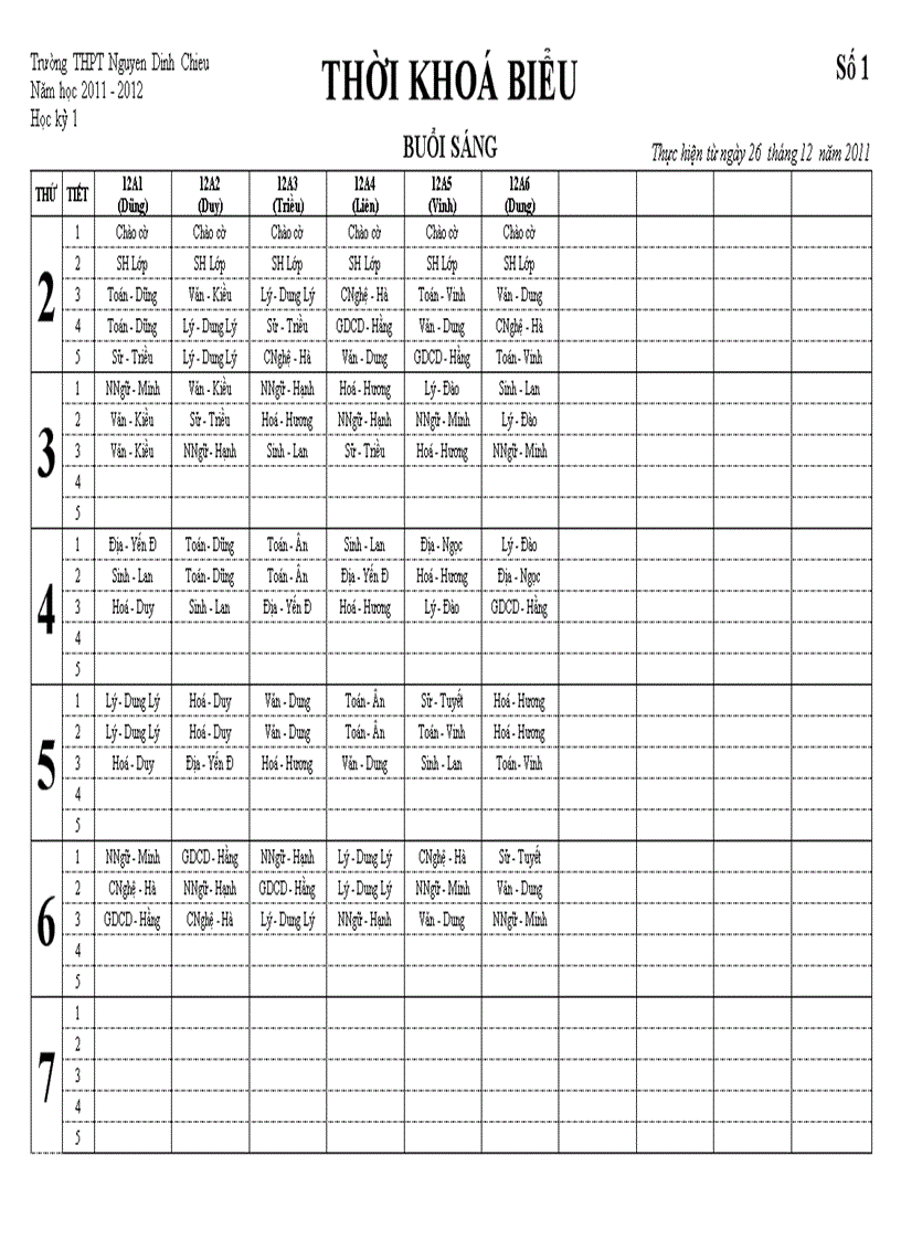 Thời khóa biểu tuần 20