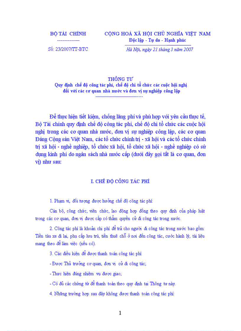 Thông tư 23 Quy định chế độ công tác phí