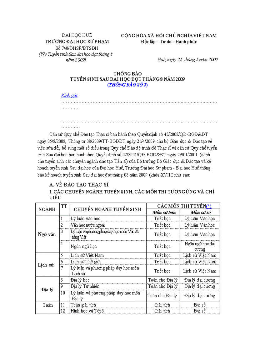 Thông báo tuyển Cao học của Đại học Huế