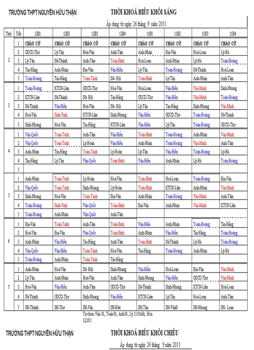 TKB áp dụng từ ngày 26 thang 9 năm 2011