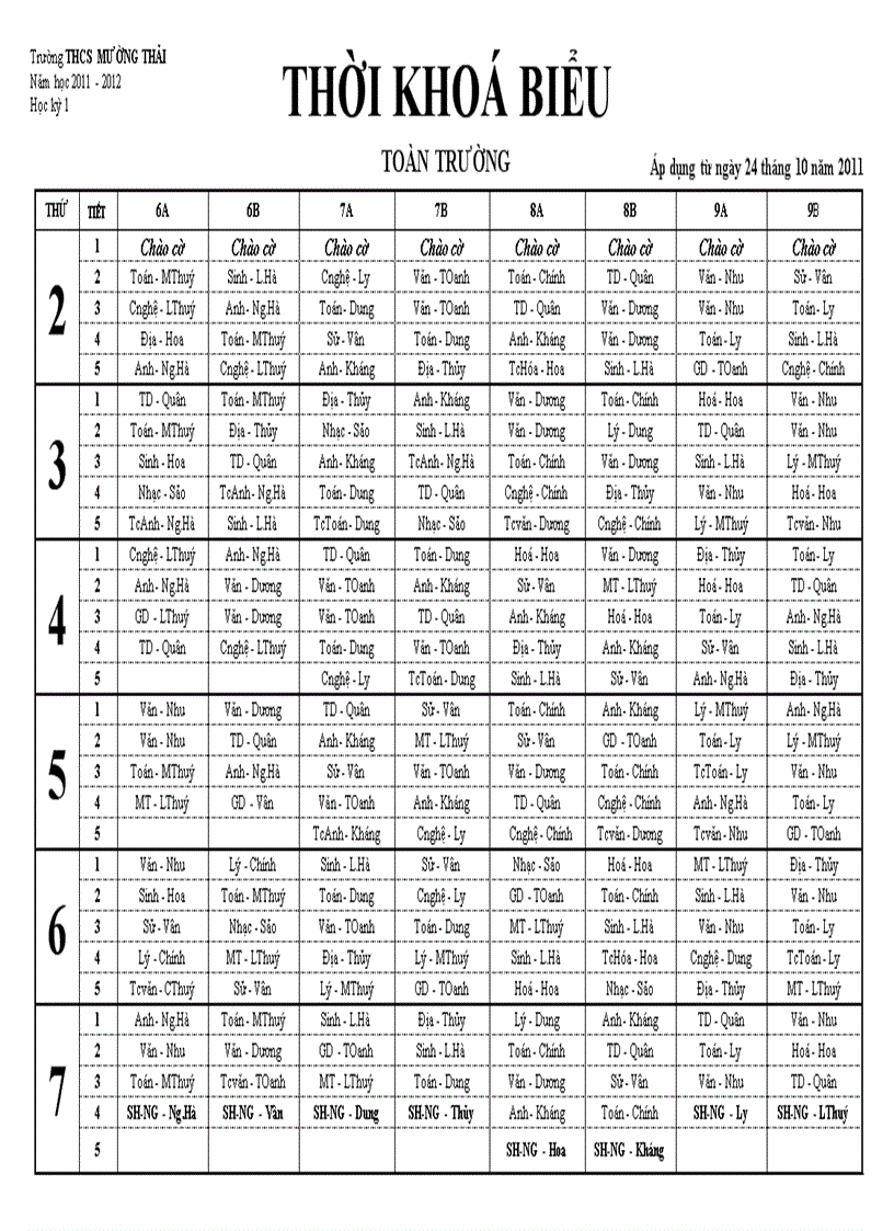 TKB toàn trường đợt 3 từ 31 10 2011