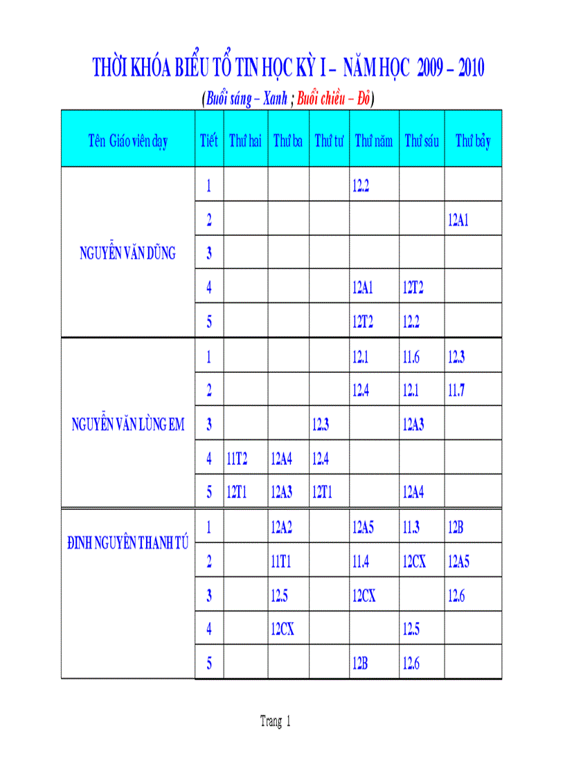 Thời khóa biểu Tổ Tin học Học Kỳ 1