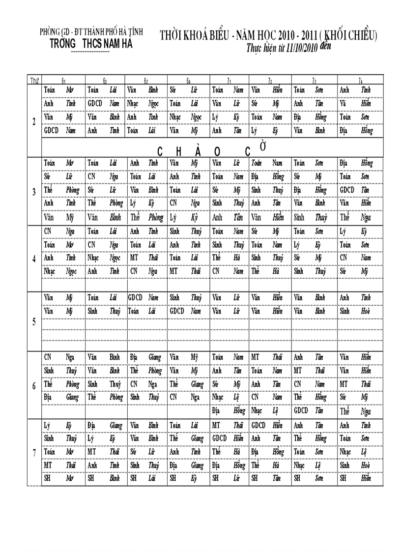 Thời khóa biểu năm học 2010 2011