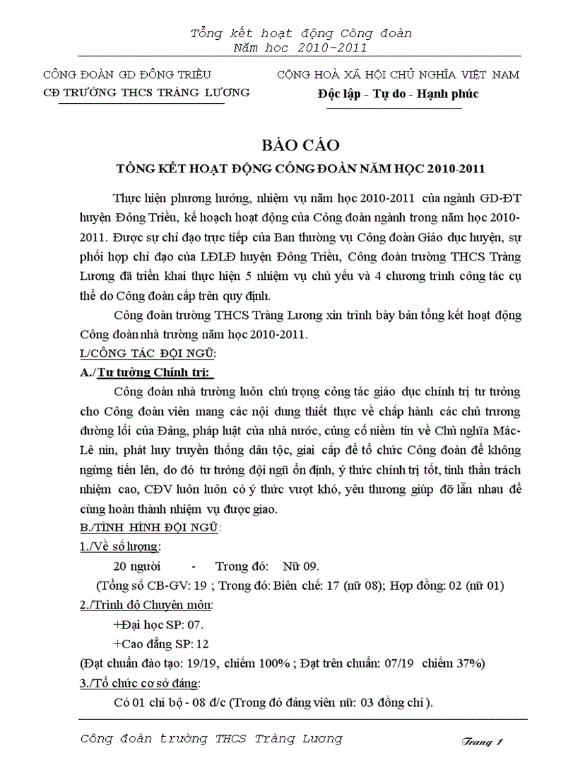 Tổng kết hoạt động công đoàn năm hoc 2010 2011