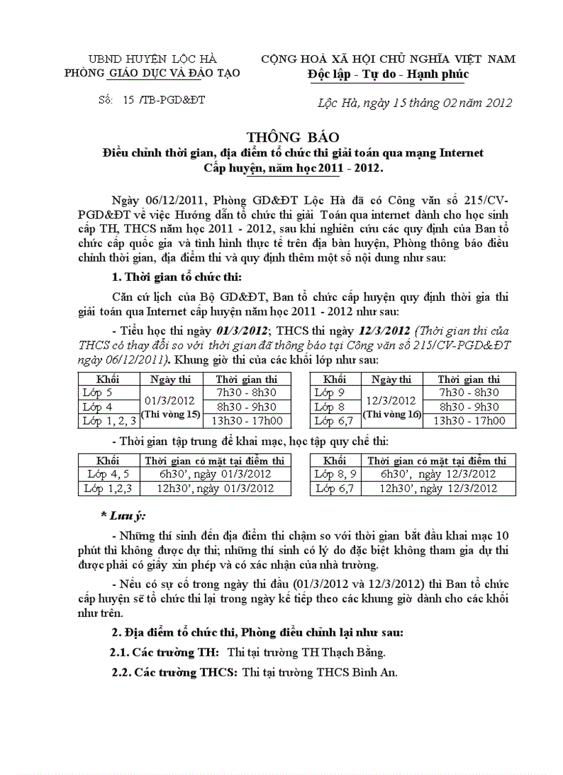 Thông báo điều chỉnh thời gian địa điểm Thi giải Toán trên Internet cấp huyện 2012 doc