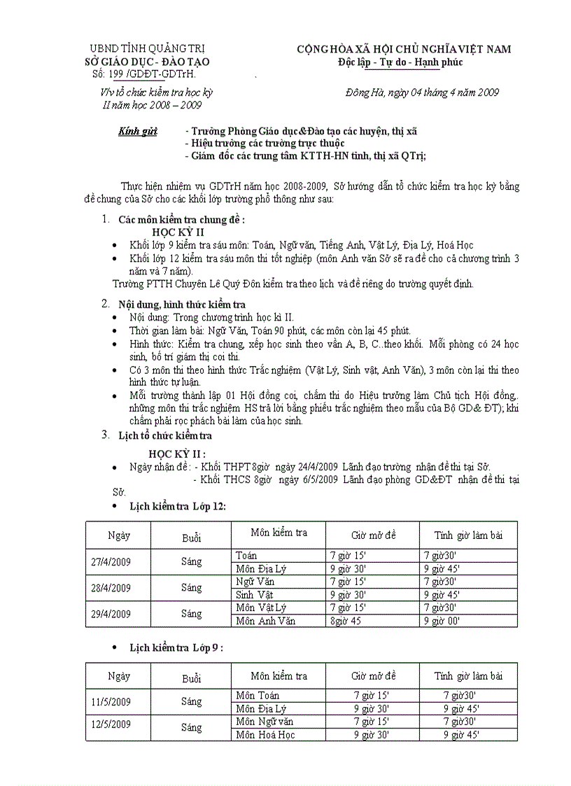 THÔNG BÁO KH KT HỌC KÌ II 2009 doc