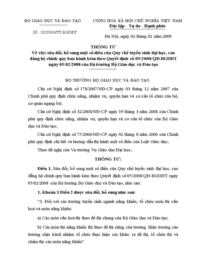 Thông tư về việc sửa đổi bổ sung một số điều của quy chế tuyển sinh ĐH CĐ hệ CQ ban hành kèm theo quyết định số