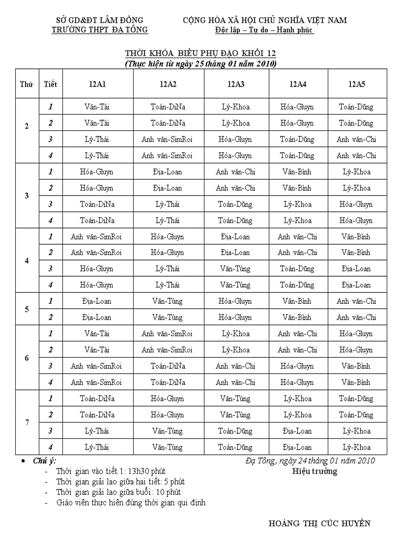 Thời khóa biểu Phụ đạo 12