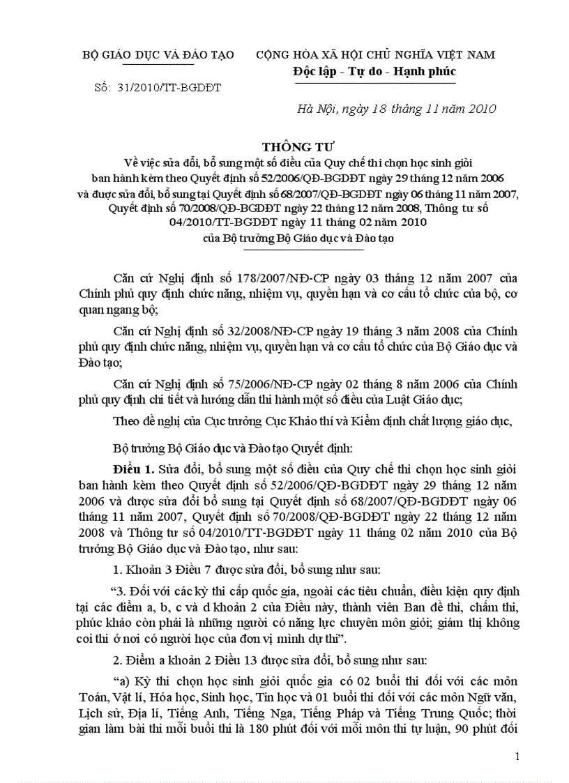 Thông tư 31 về việc chọn HSG