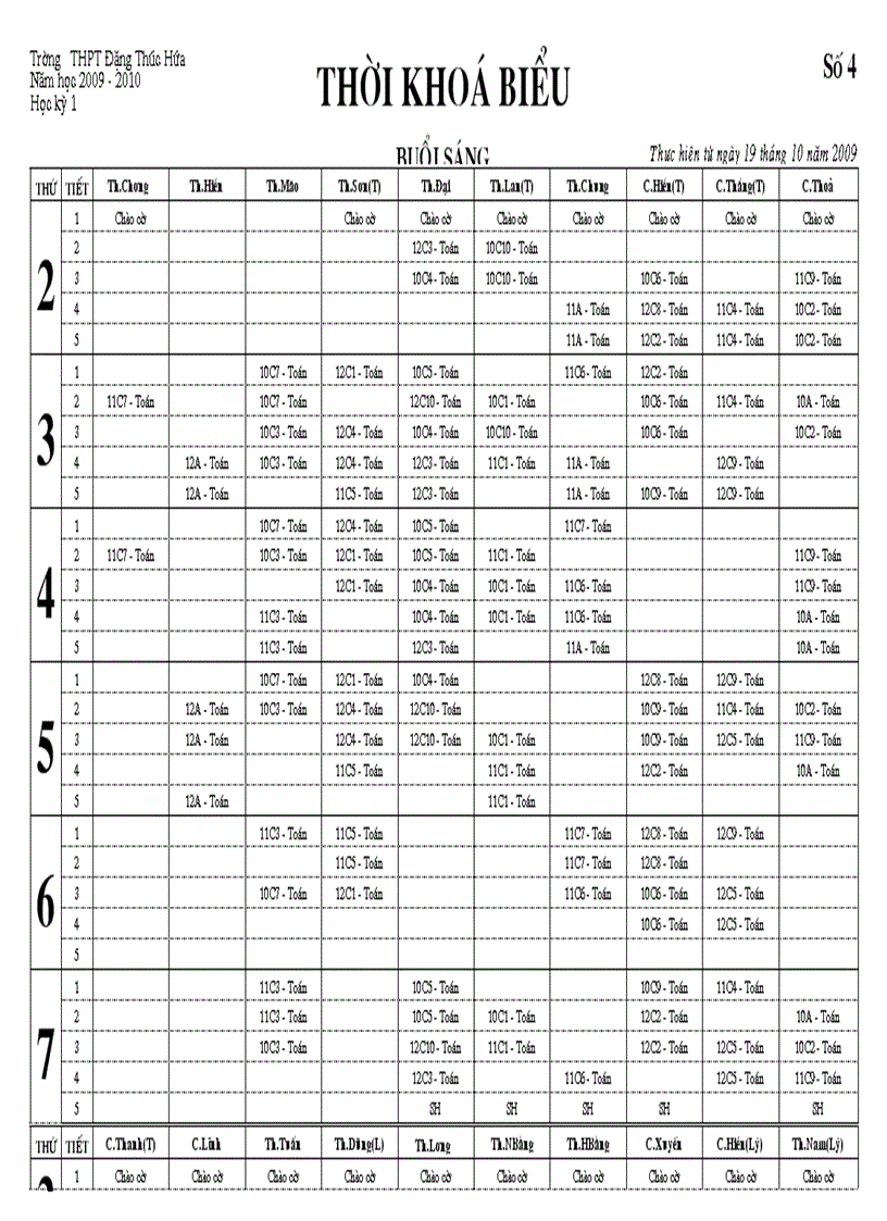 Thời khóa biểu lần 4 thực hiện từ 19 10 2009