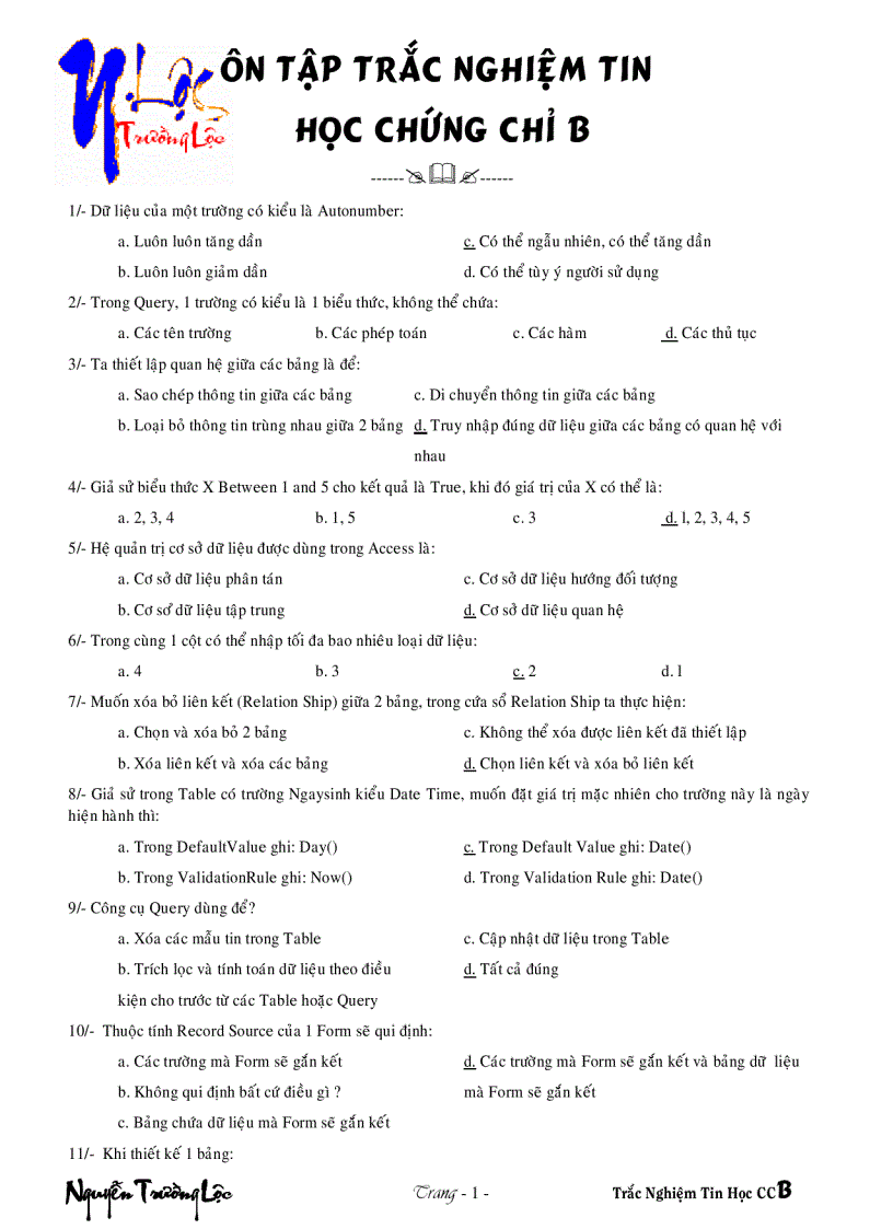 Trắc nghiệm Access