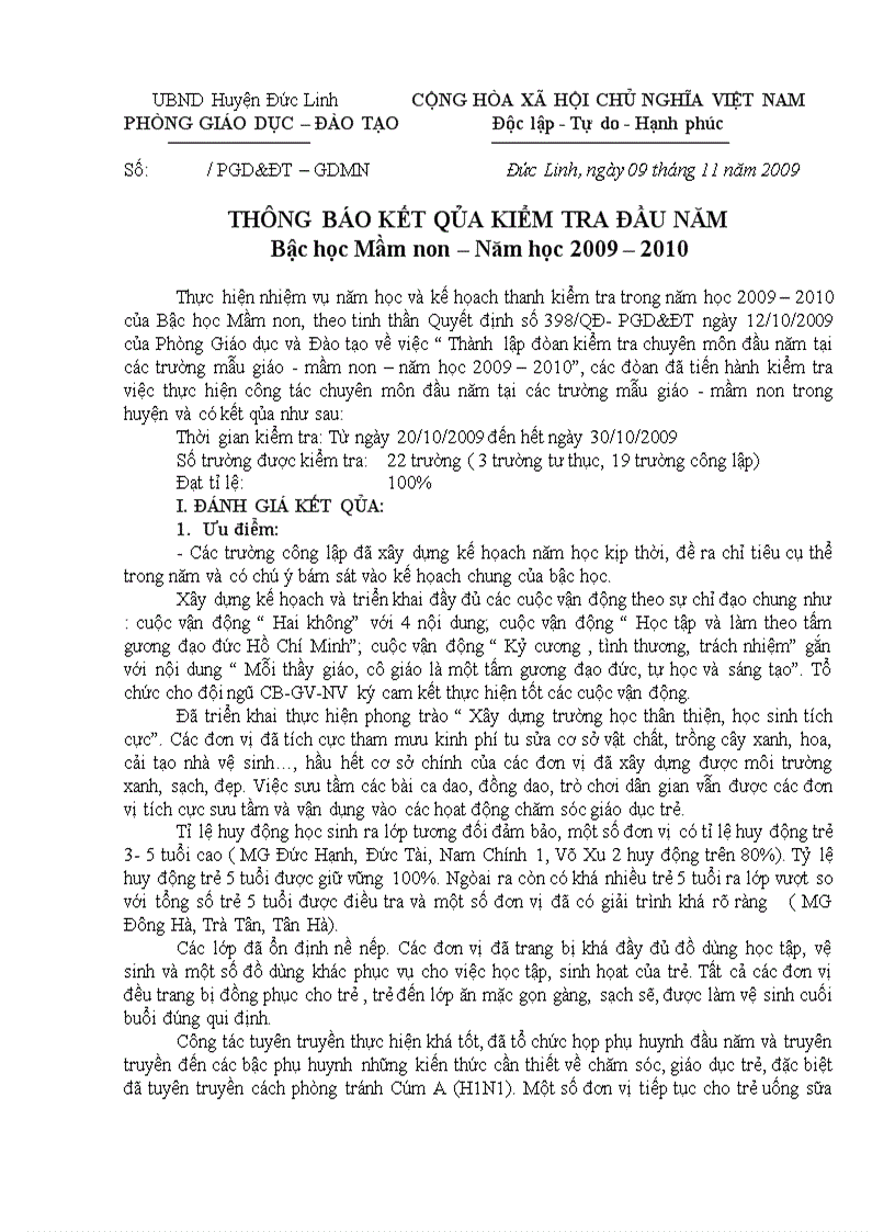 Thông báo kết quả kiểm tra đầu năm 2009 2010