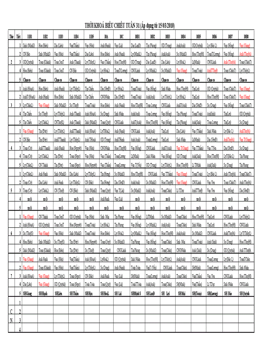 THỜI KHOÁ BIỂU CHIỀU TUẦN 31 doc