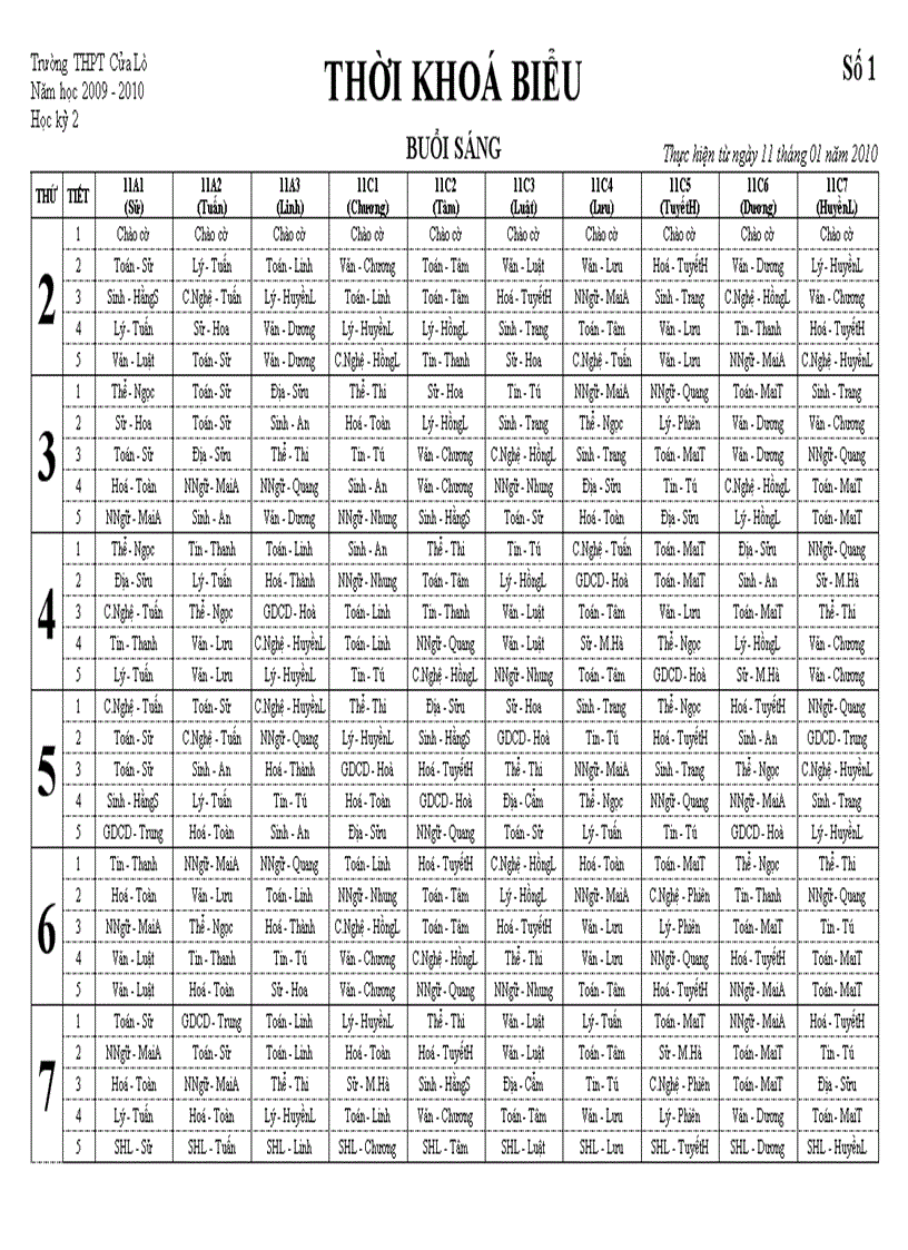 Thời Khóa biểu Khối 11 12