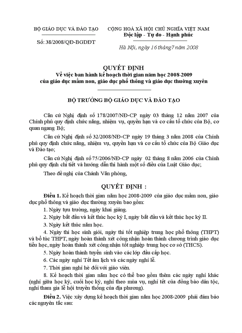 Thòi gian biểu cho năm học 2008 2009 BGD