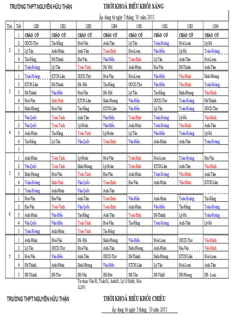 Tkb ÁP DỤNG TỪ NGÀY 3 THÁNG 10 NĂM 2011