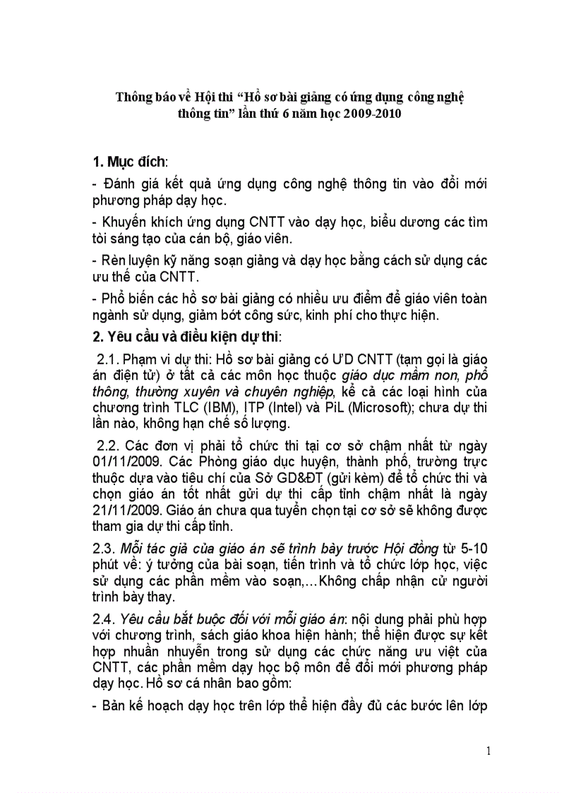 Thông báo Hội thi Giáo án có UDCNTT năm học 2009 2010