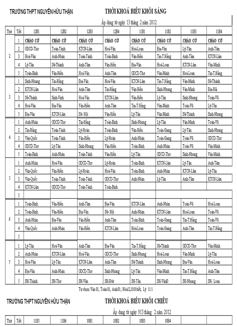 TKB áp dụng từ 13 tháng 2 năm 2012