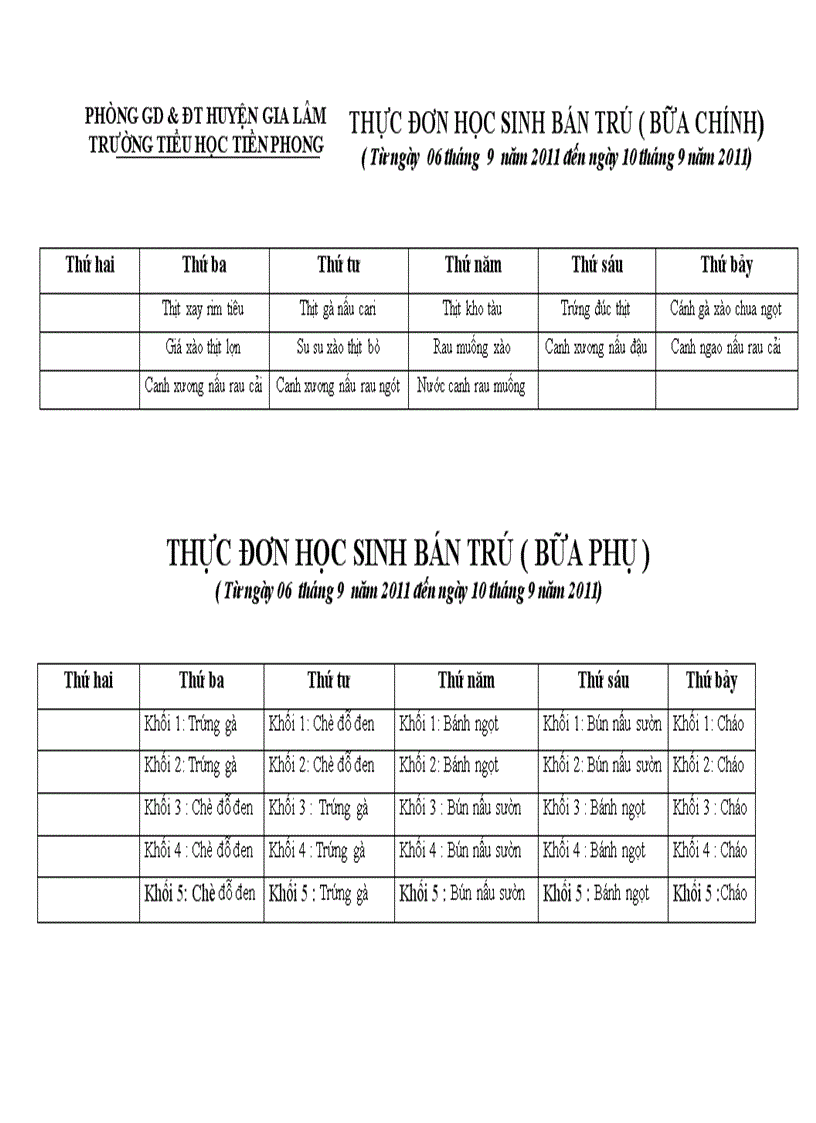 Thực đơn bán trú năm học 2011 2012 luôn luôn cập nhật