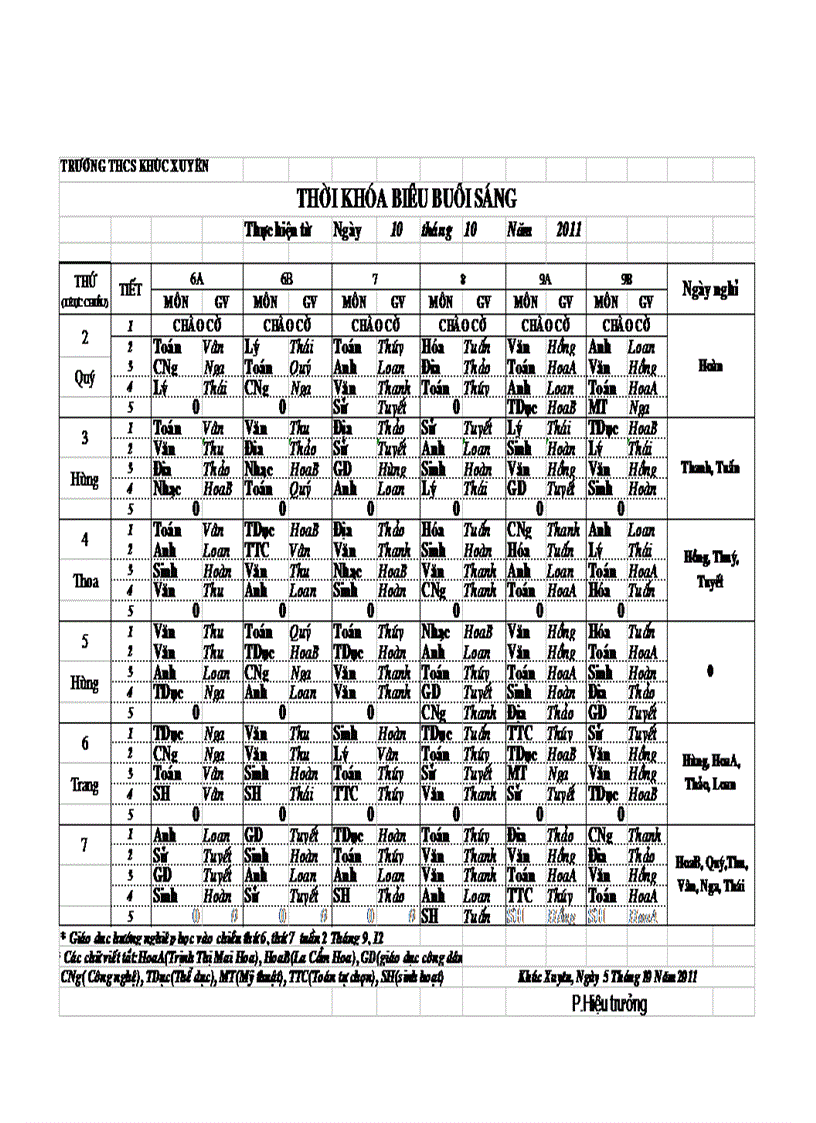 Thời Khóa biêu 10 10 2011