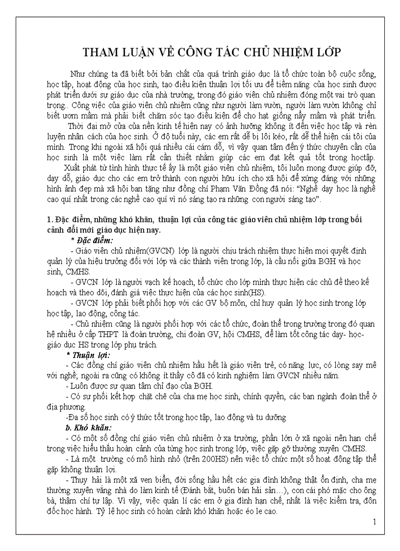 Tham luận về Công tác chủ nhiệm lớp